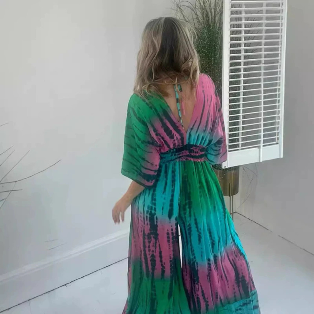 ZARA Summer Print Elastic Waist Pockets Plus Size Loose Tie Jumpsuit